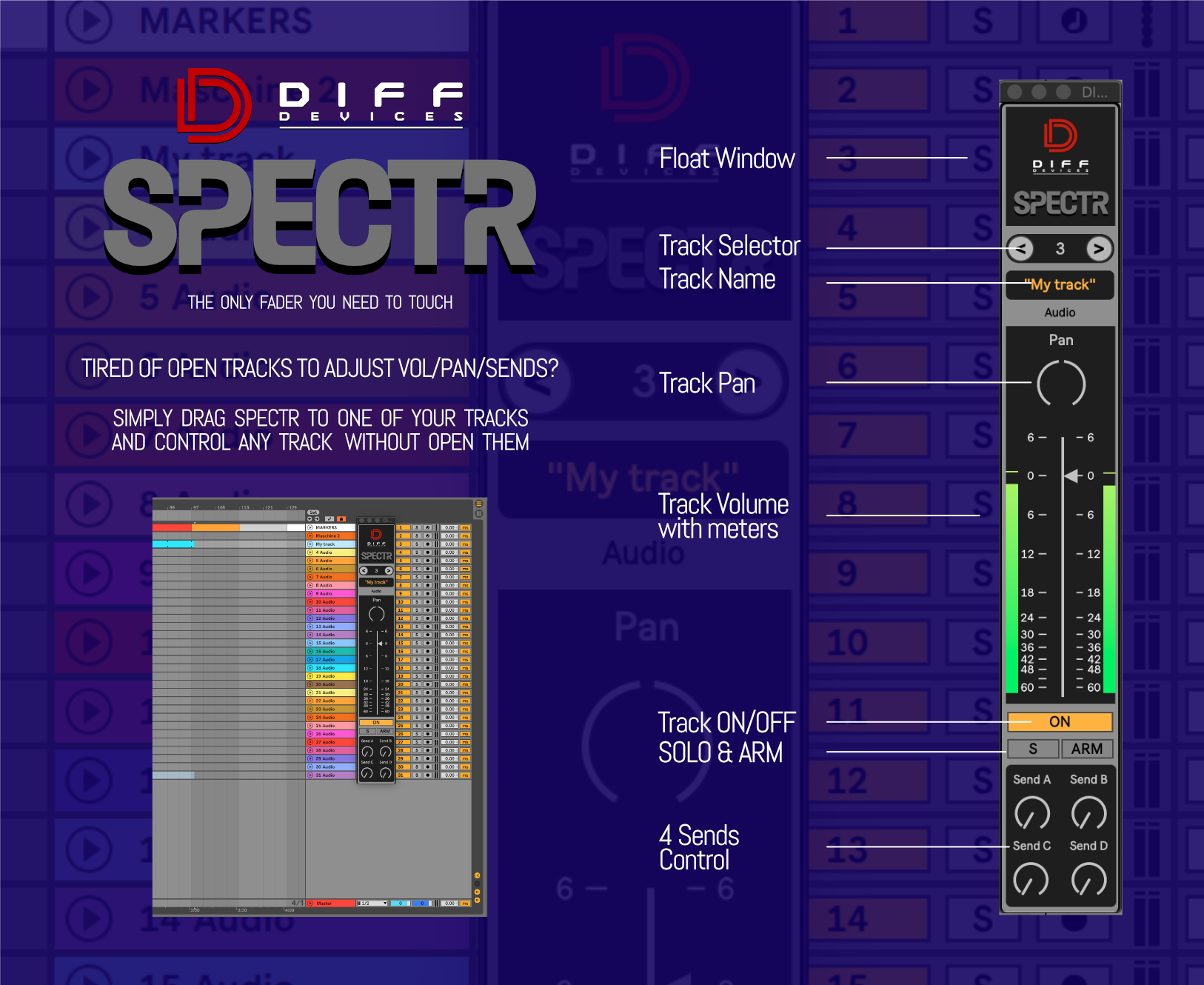 Need your touch. Record Arm track select Mute solo Volume Pan sends stop clip.